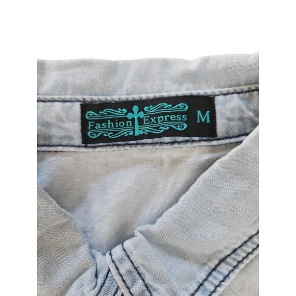 Fashion Express Button Up Denim Shirt With Embroidered Indian Chief Size M - Picture 7 of 12